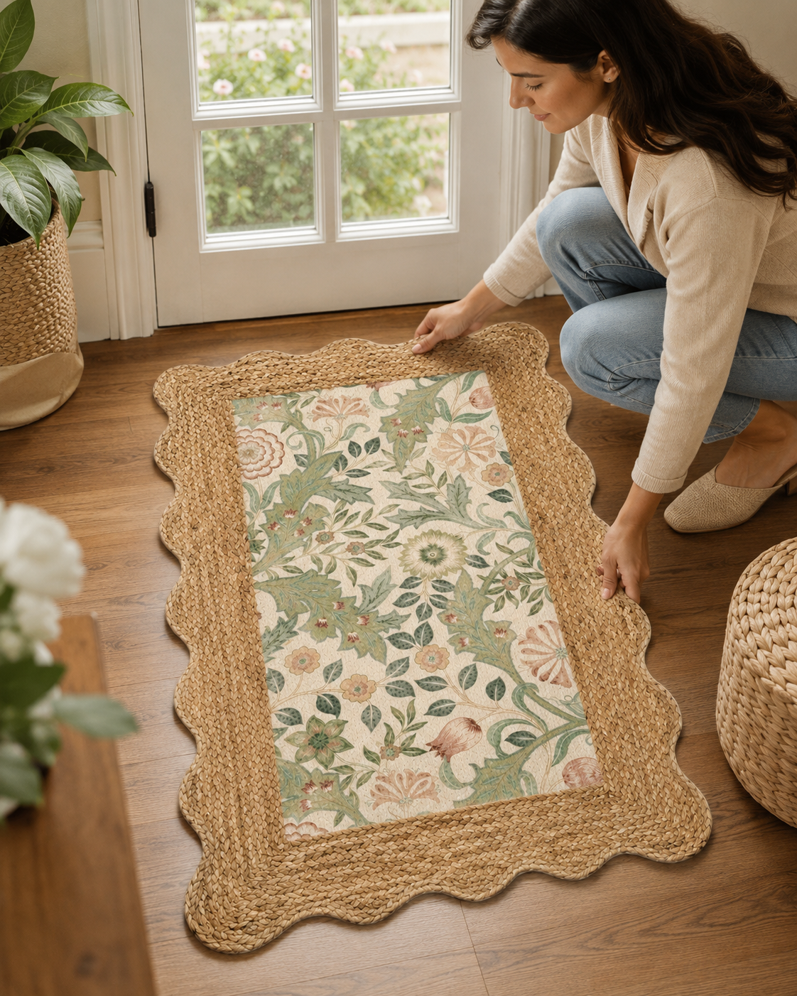 Printed Braided Jute Rug 24 x 40 Inch | Floral Scalloped Border Area Rug