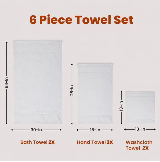 Tritex Luxury 6-Piece Cotton Towel Set 600 GSM White – Ultra Soft, Quick Dry & Highly Absorbent Bathroom Towels