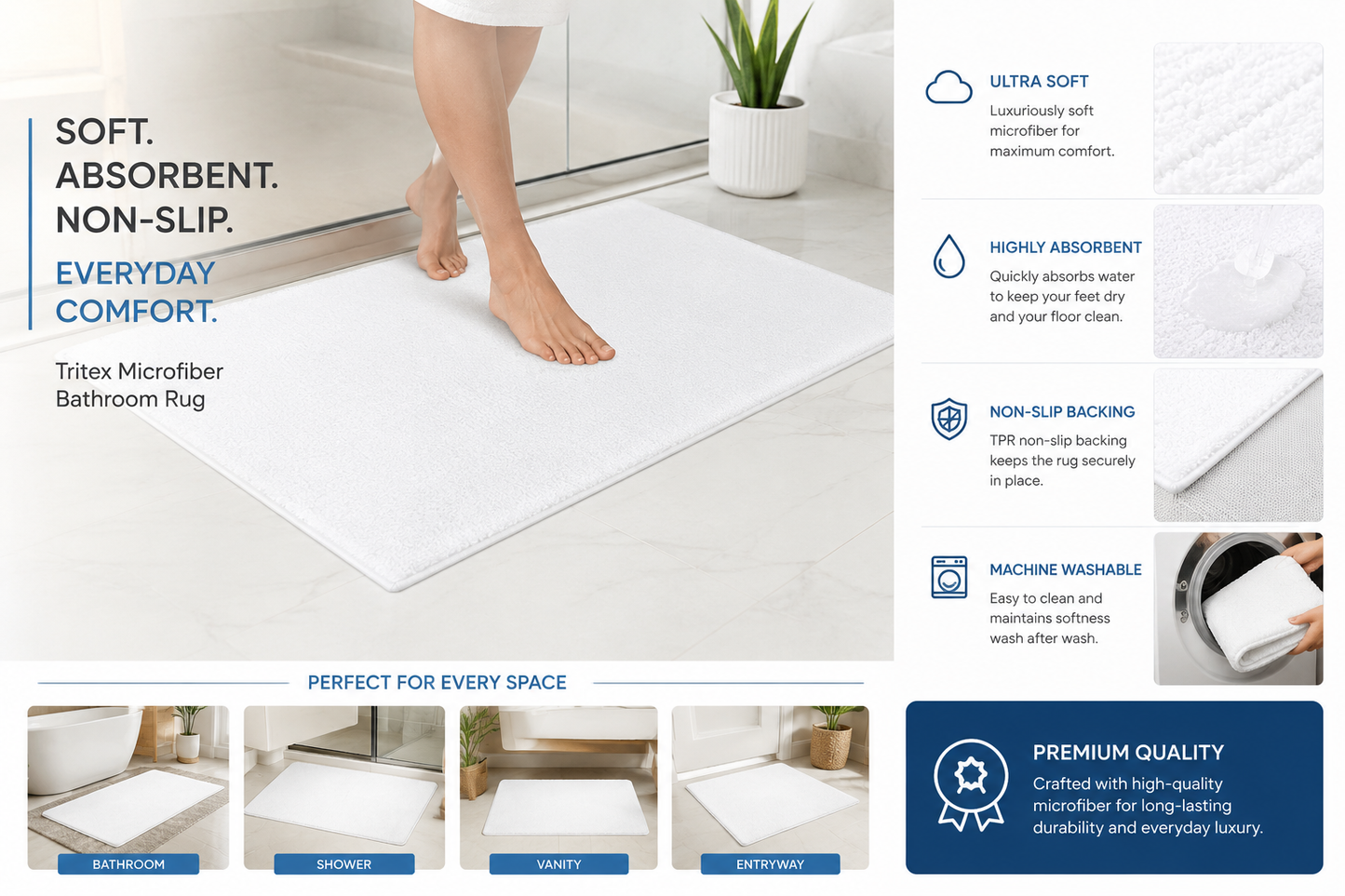 Tritex 16x24 White Microfiber Bath Rug | Soft Non-Slip Absorbent Bath Mat