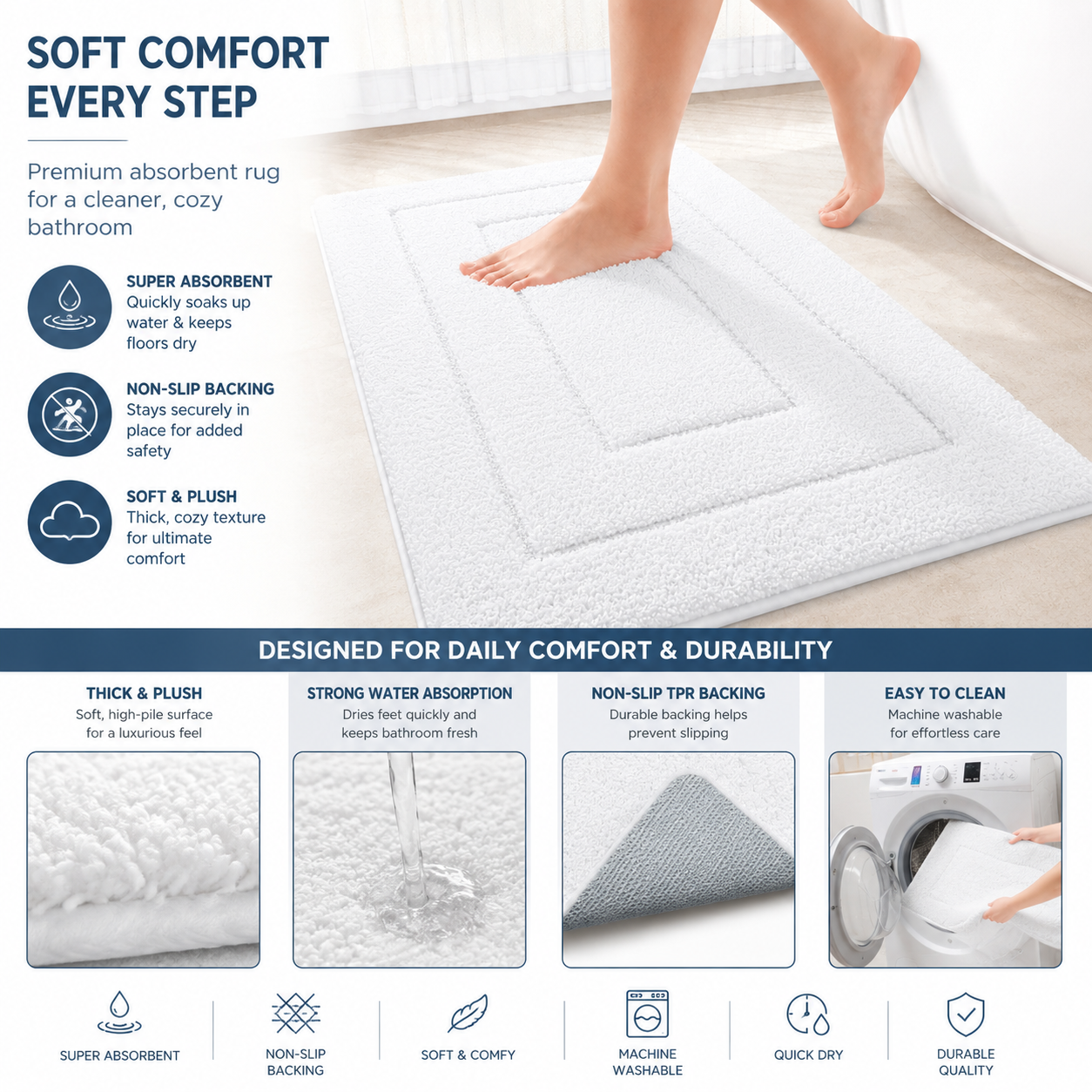 Tritex 16x24 White Microfiber Bath Rug | Soft Non-Slip Absorbent Bath Mat
