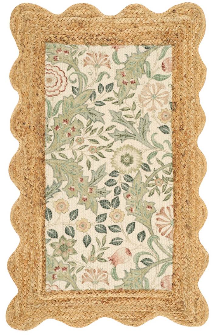 Printed Braided Jute Rug 24 x 40 Inch | Floral Scalloped Border Area Rug
