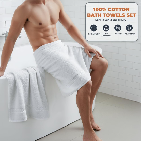 Tritex Luxury Cotton Bath Towels Set of 3 – 500 GSM Soft & Highly Absorbent Towels, White