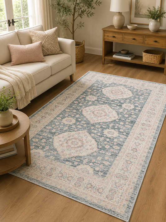 Machine Washable Vintage Medallion Area Rug, Poly Viscose & Cotton, 1600 GSM, 27 x 45 Inch, Single Piece