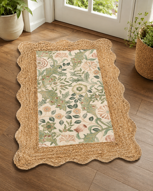 Printed Braided Jute Rug 24 x 40 Inch | Floral Scalloped Border Area Rug
