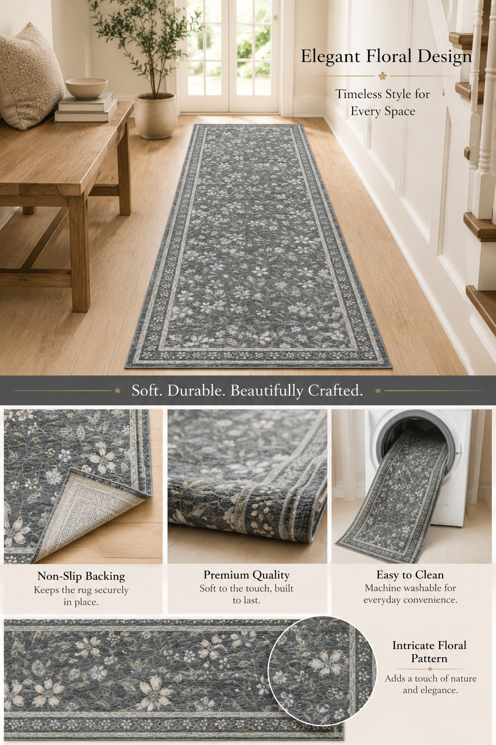 Floral Runner Rug, Poly Viscose & Cotton, 24 x 60 Inch, 1600 GSM, Single Piece