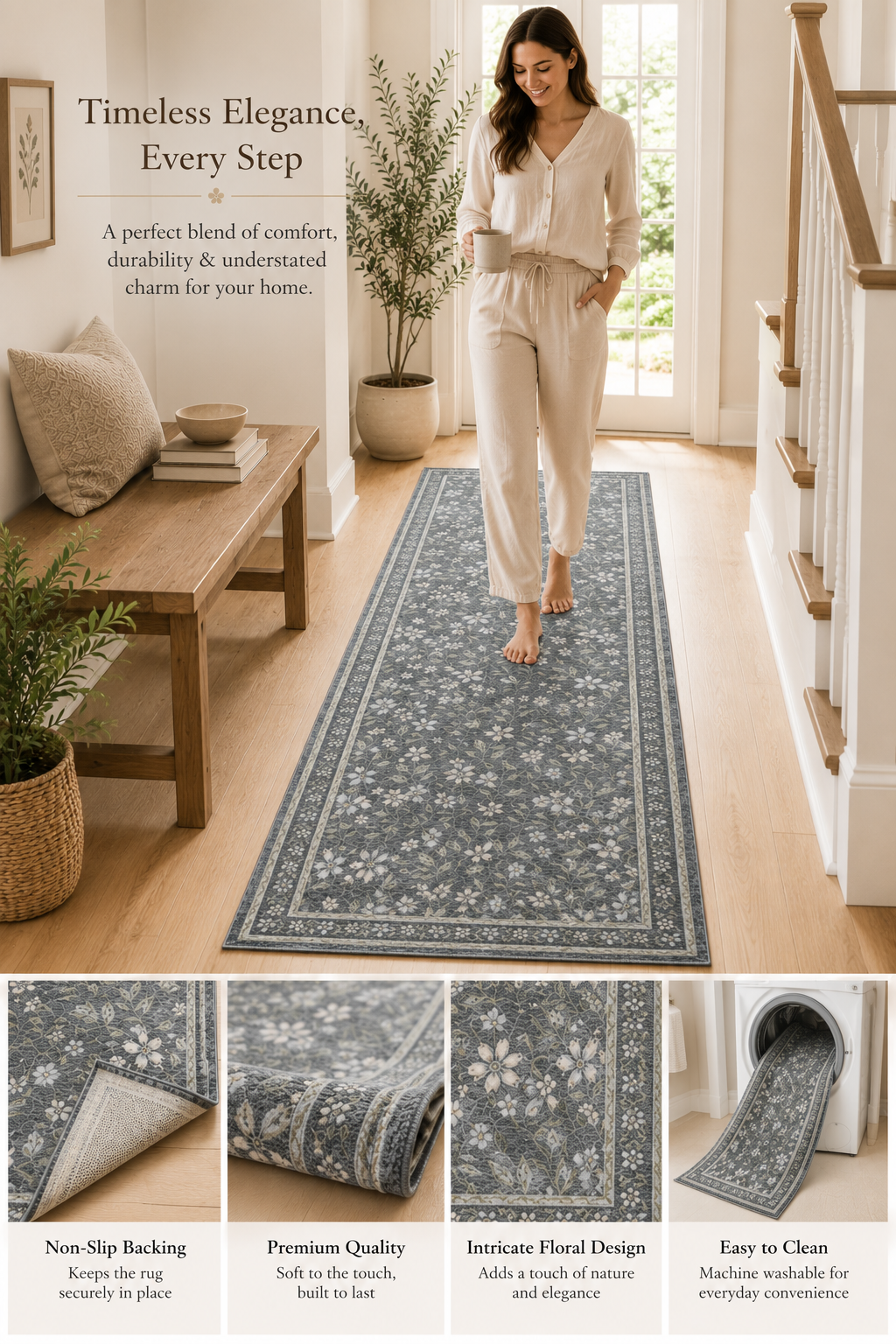 Floral Runner Rug, Poly Viscose & Cotton, 24 x 60 Inch, 1600 GSM, Single Piece