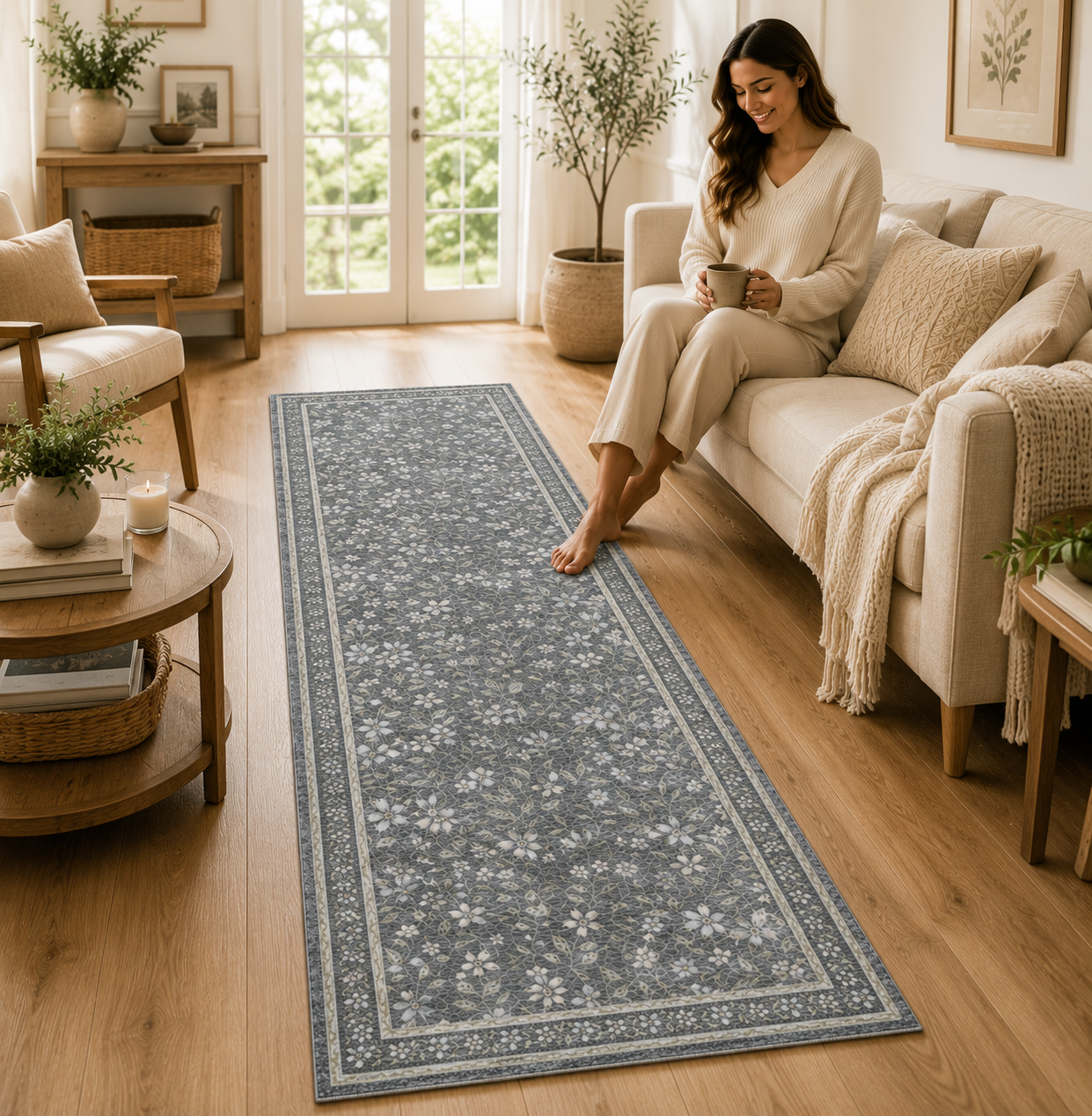 Floral Runner Rug, Poly Viscose & Cotton, 24 x 60 Inch, 1600 GSM, Single Piece