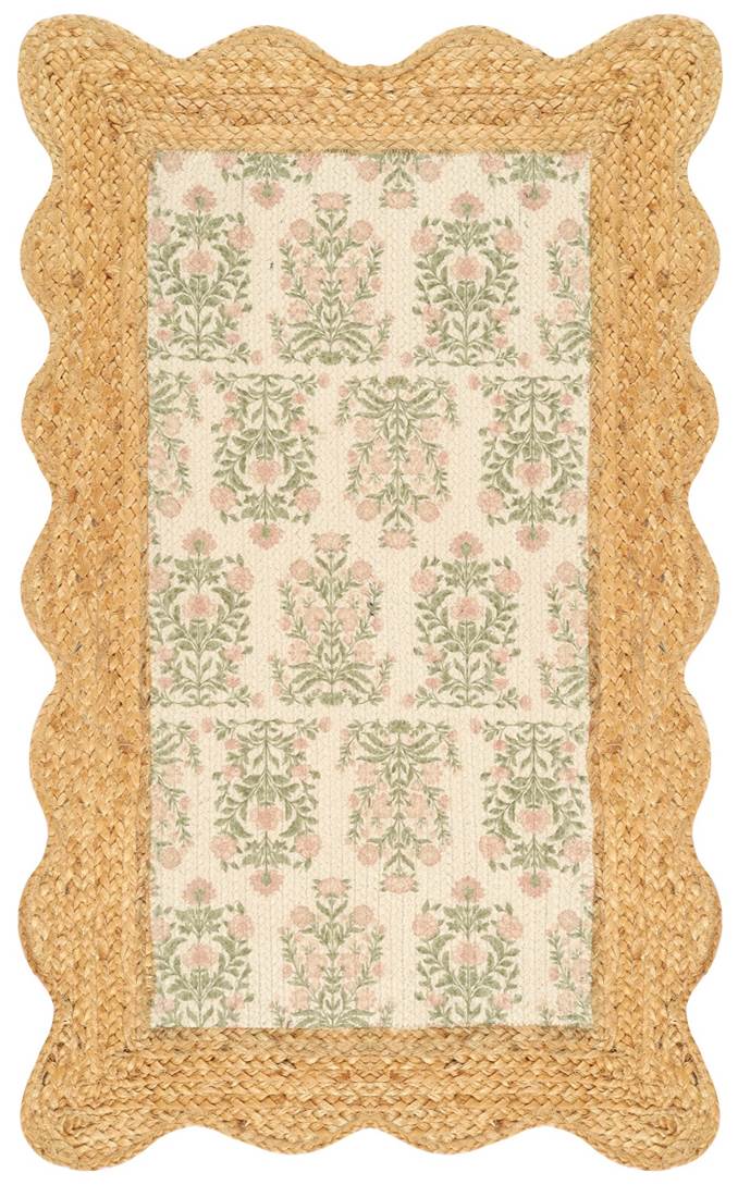 Printed Braided Jute Rug 24 x 40 Inch | Vintage Floral Scalloped Area Rug | Indoor Entryway, Kitchen & Bedroom