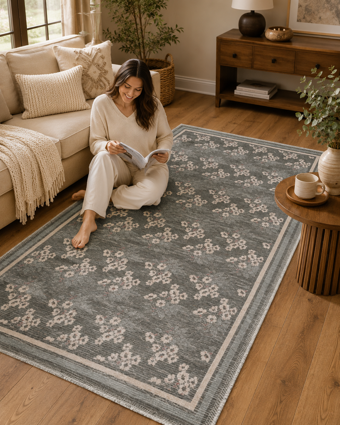Grey Floral Table Runner 28x48 Inch | Poly Viscose Cotton | 1600 GSM Decorative Dining Table Runner