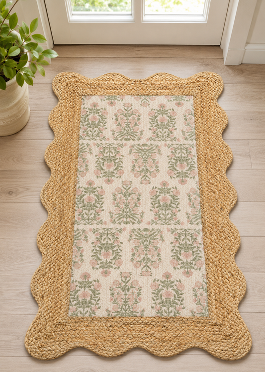 Printed Braided Jute Rug 24 x 40 Inch | Vintage Floral Scalloped Area Rug | Indoor Entryway, Kitchen & Bedroom