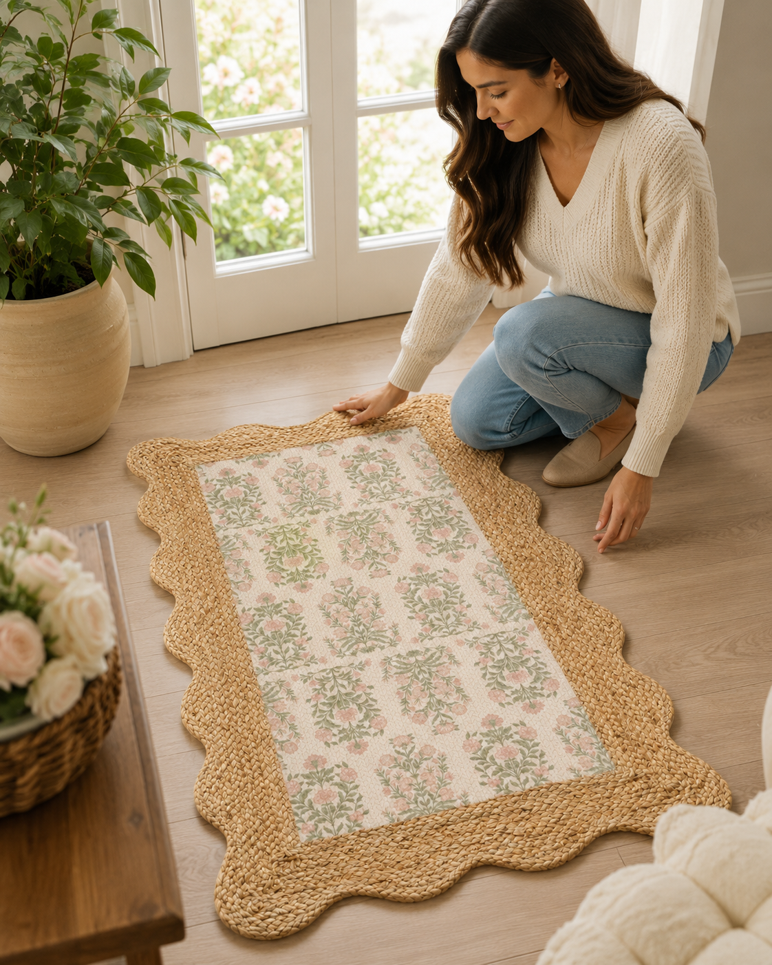 Printed Braided Jute Rug 24 x 40 Inch | Vintage Floral Scalloped Area Rug | Indoor Entryway, Kitchen & Bedroom