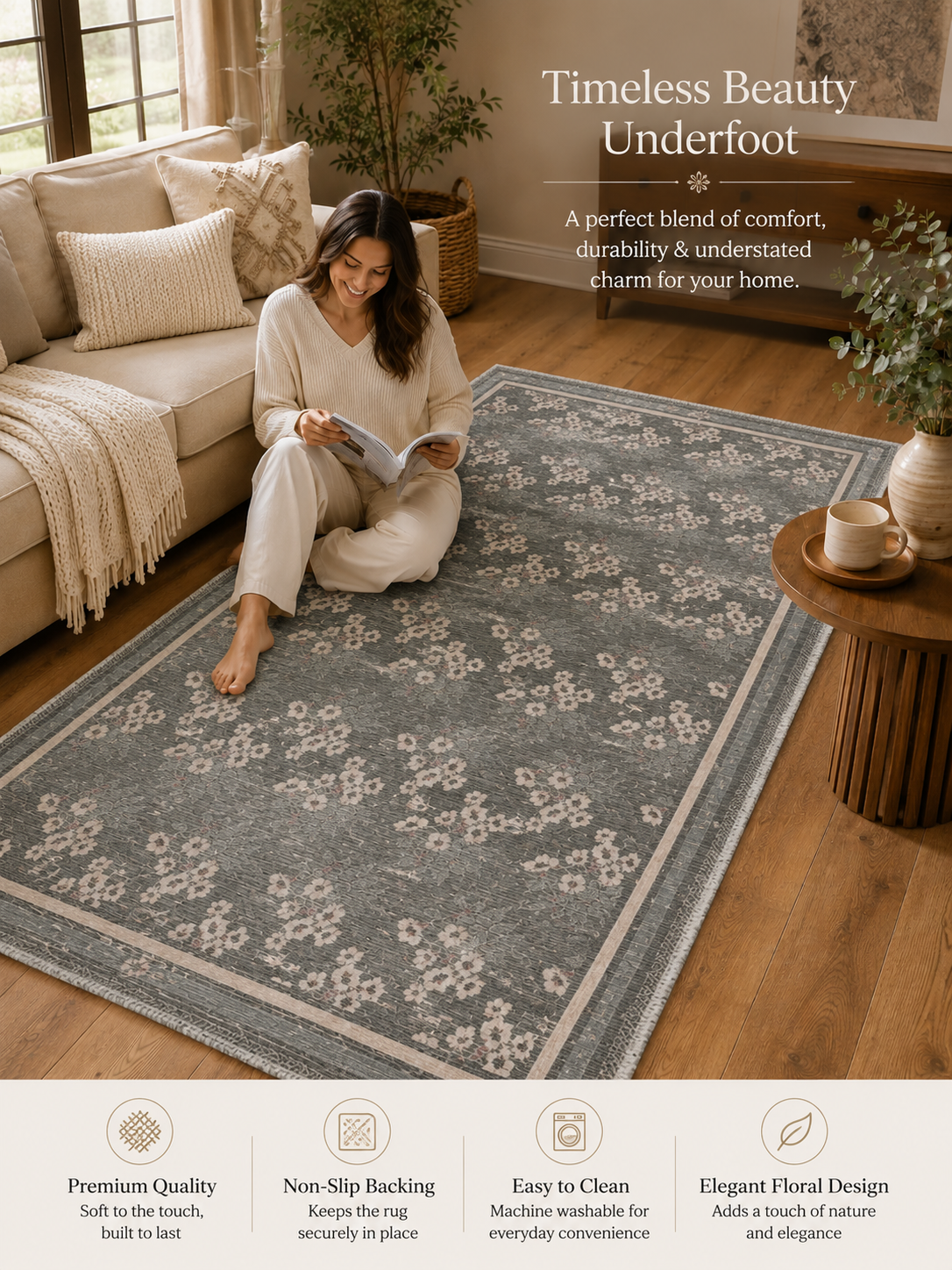 Grey Floral Table Runner 28x48 Inch | Poly Viscose Cotton | 1600 GSM Decorative Dining Table Runner