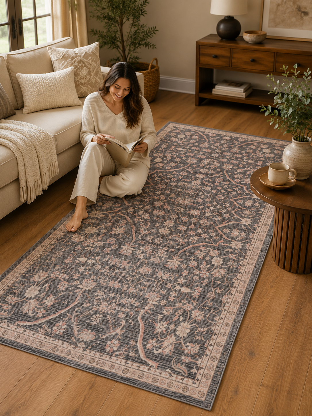 Vintage Floral Area Rug, Poly Viscose & Cotton, 1600 GSM, 28 x 48 Inch, Single Piece