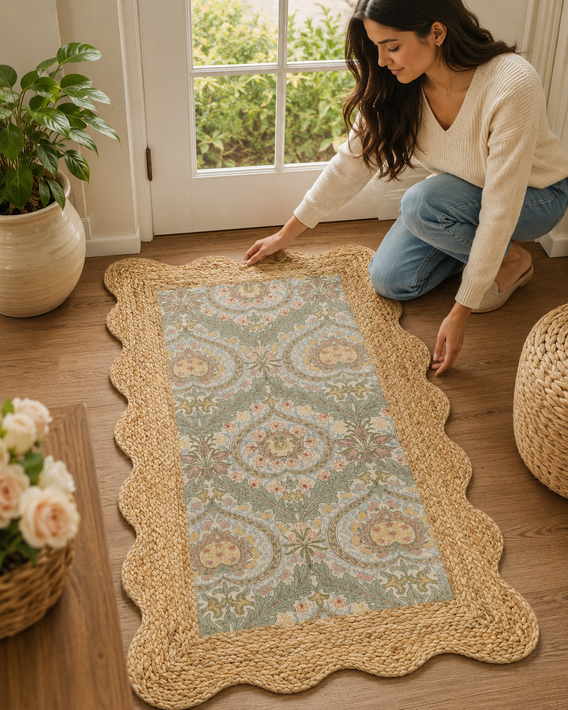 Floral Print Braided Jute Rug 24x40 Inch | Jute & PET Polyester Accent Rug
