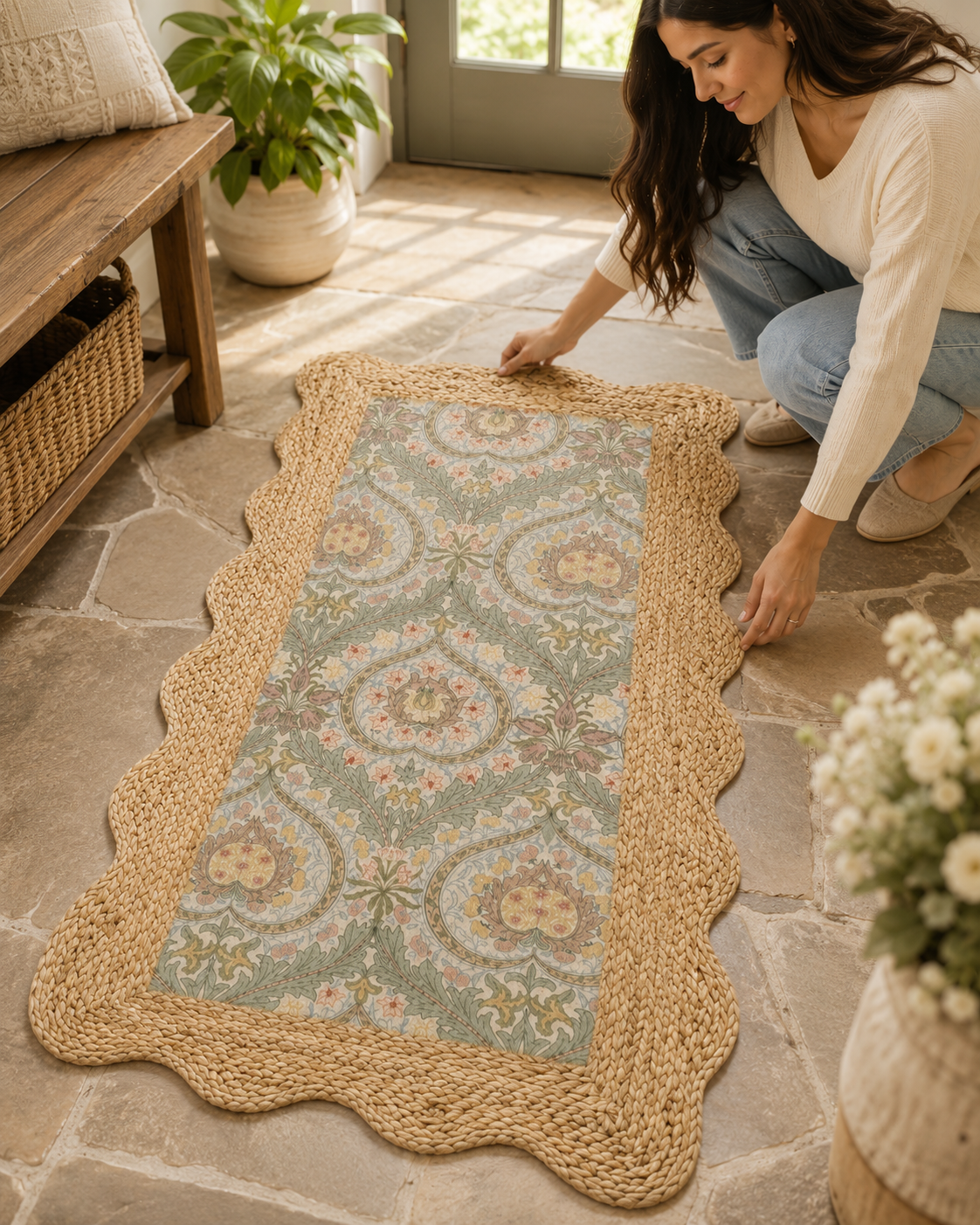 Floral Print Braided Jute Rug 24x40 Inch | Jute & PET Polyester Accent Rug