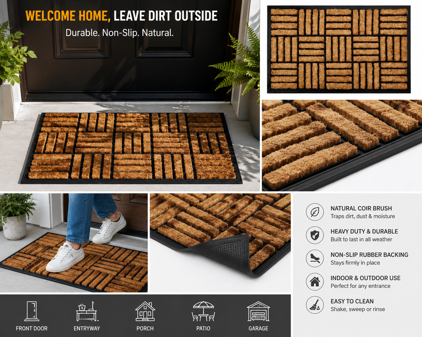 TRITEX Coir & Rubber Doormat – Durable Anti-Slip Dirt Scraping Entry Mat, Black
