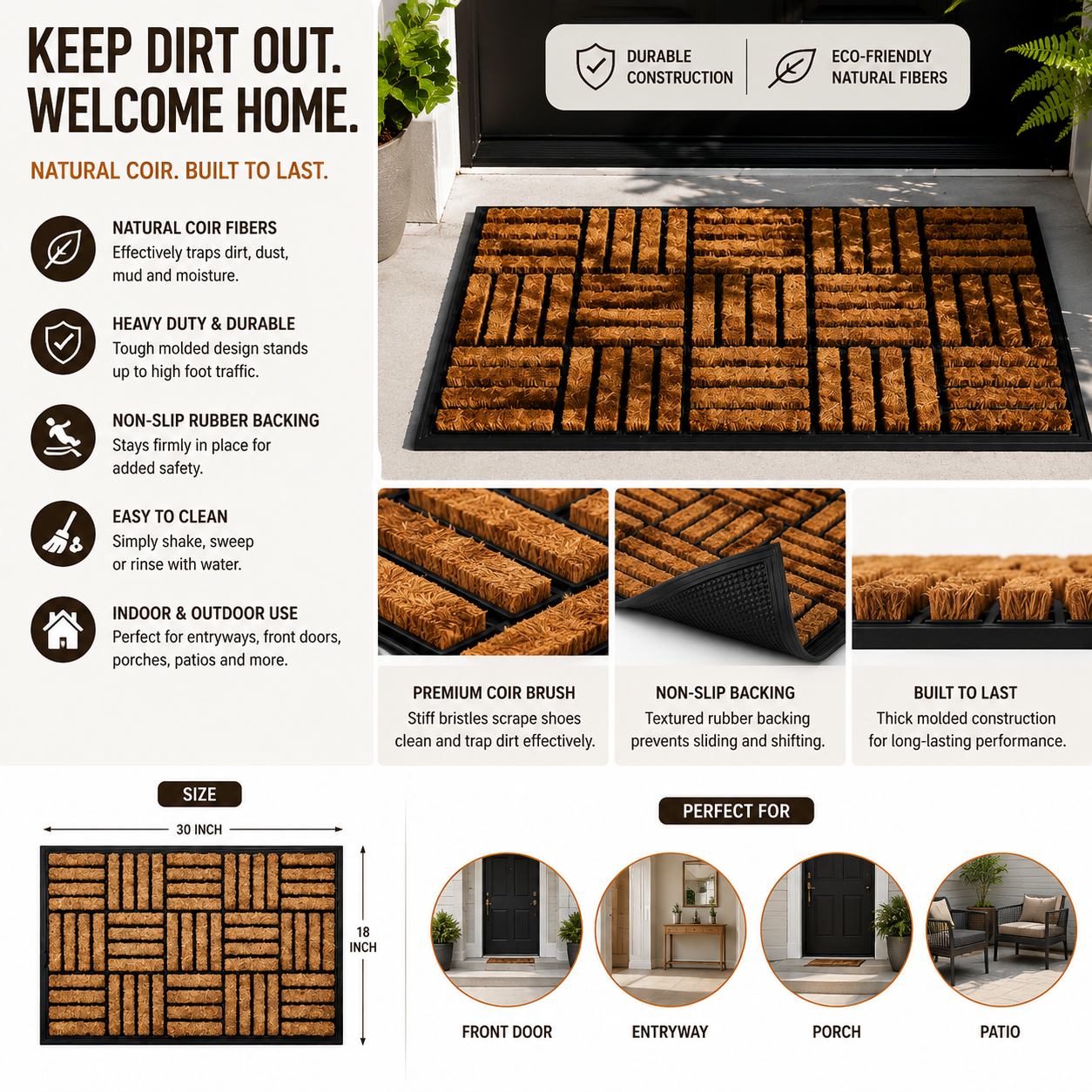 TRITEX Coir & Rubber Doormat – Durable Anti-Slip Dirt Scraping Entry Mat, Black