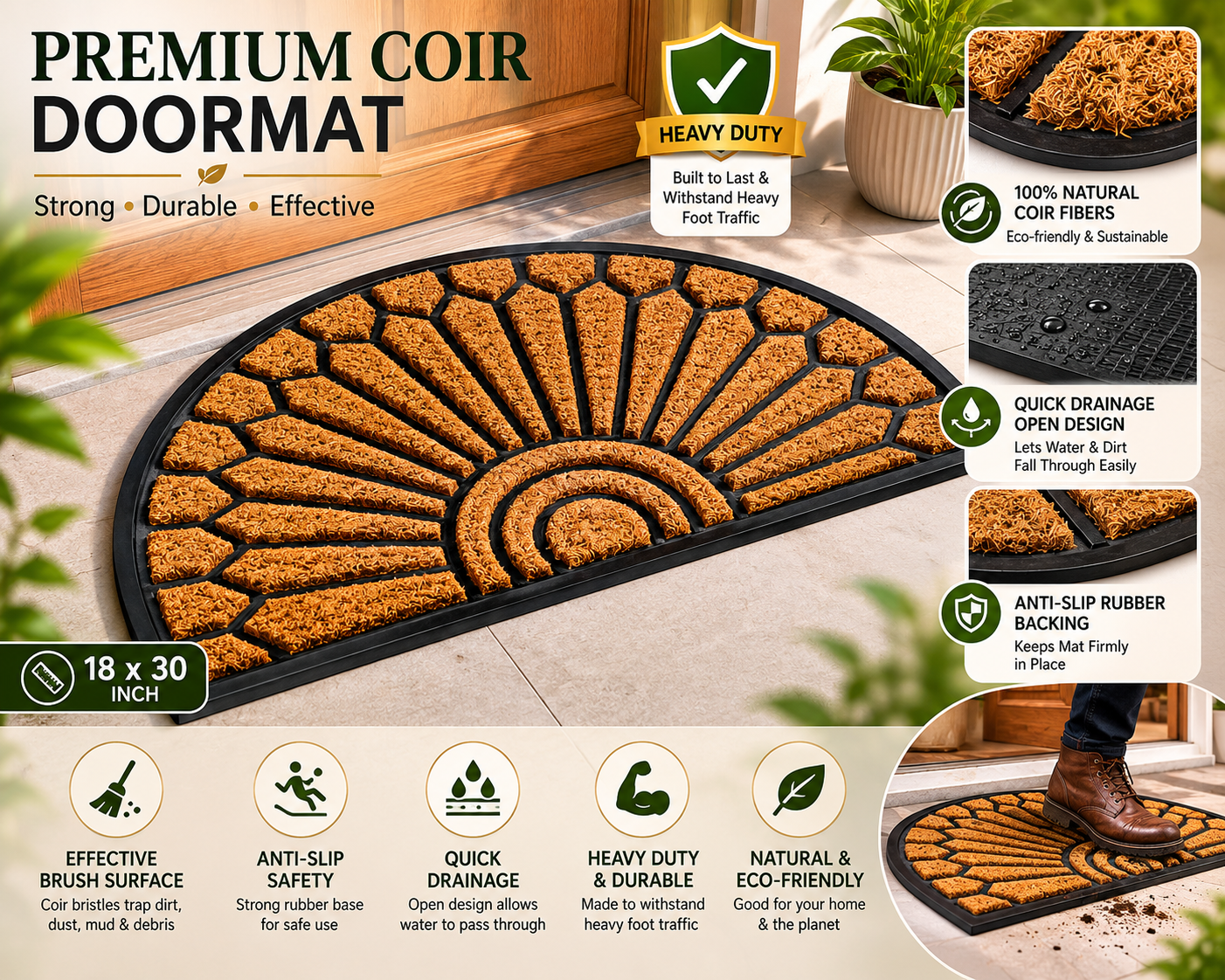 TRITEX Half Moon Coir Doormat – Durable, Anti-Slip & Dirt Trapping Entry Mat, Scroll Design