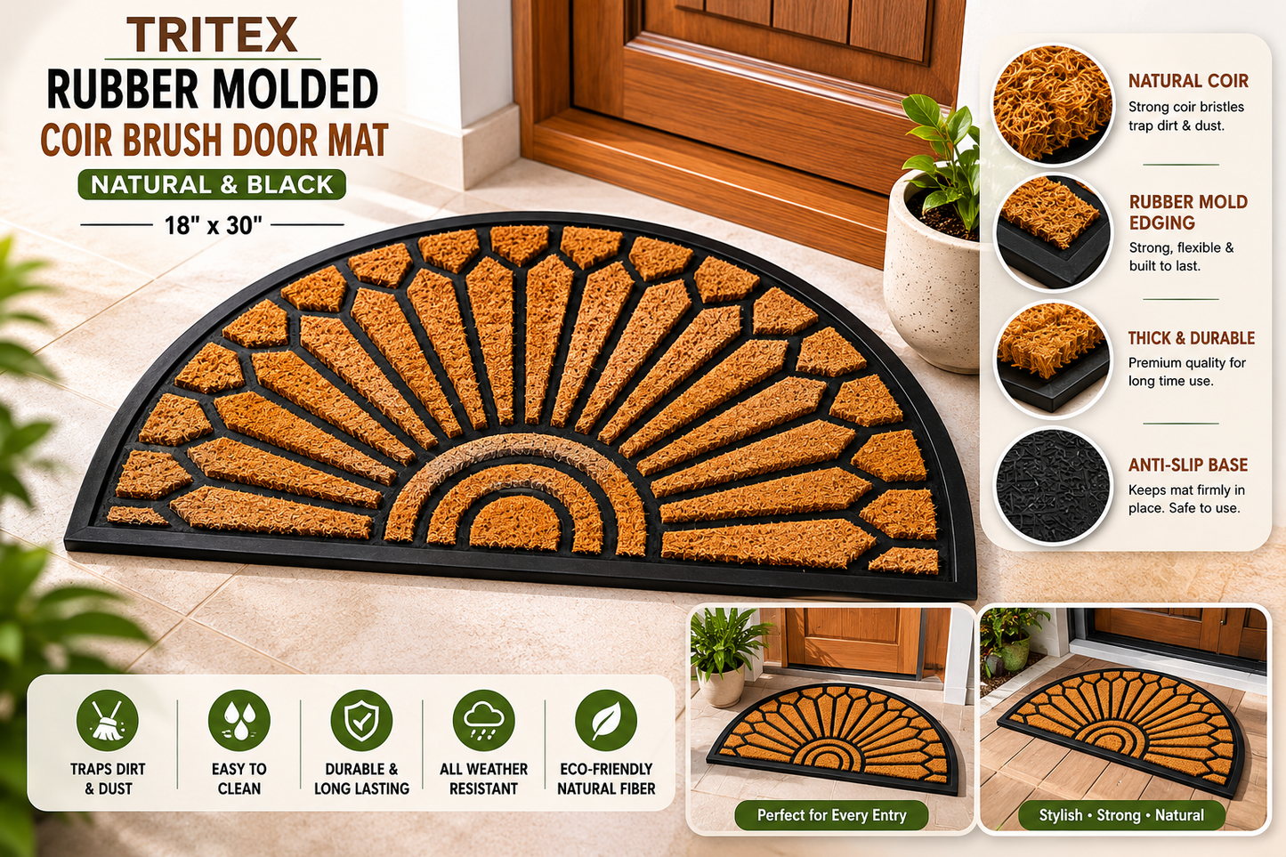 TRITEX Half Moon Coir Doormat – Durable, Anti-Slip & Dirt Trapping Entry Mat, Scroll Design