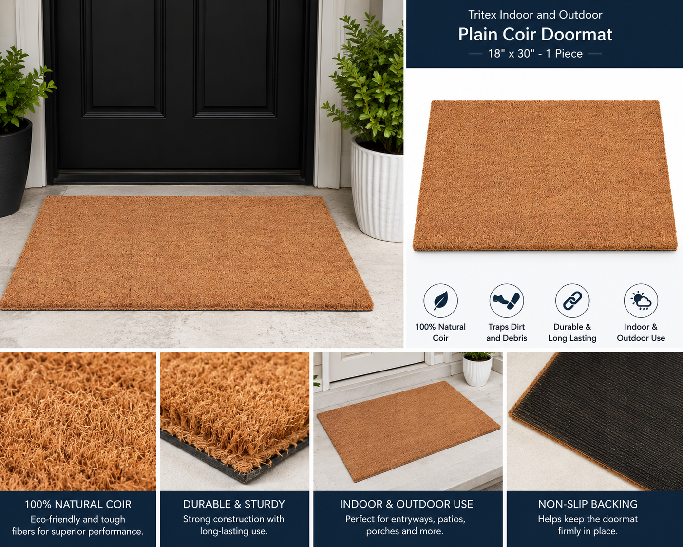 TRITEX Coir Doormat Indoor & Outdoor – Durable, Anti-Slip & Dirt Trapping Entrance Mat, Natural Brown