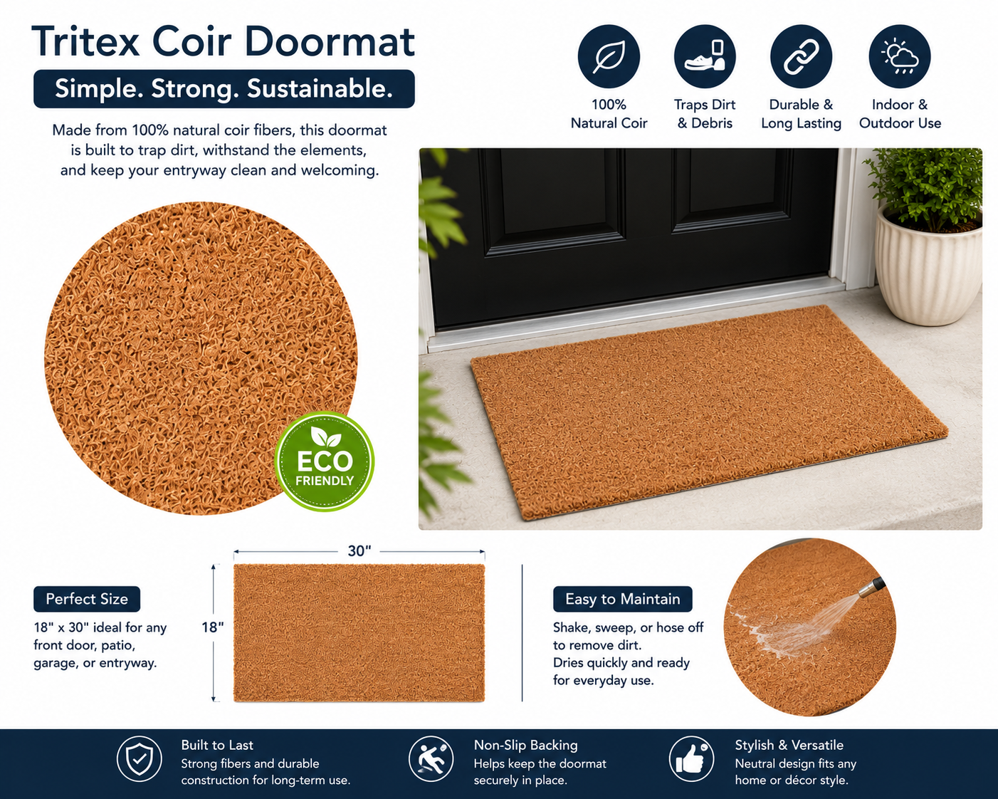 TRITEX Coir Doormat Indoor & Outdoor – Durable, Anti-Slip & Dirt Trapping Entrance Mat, Natural Brown