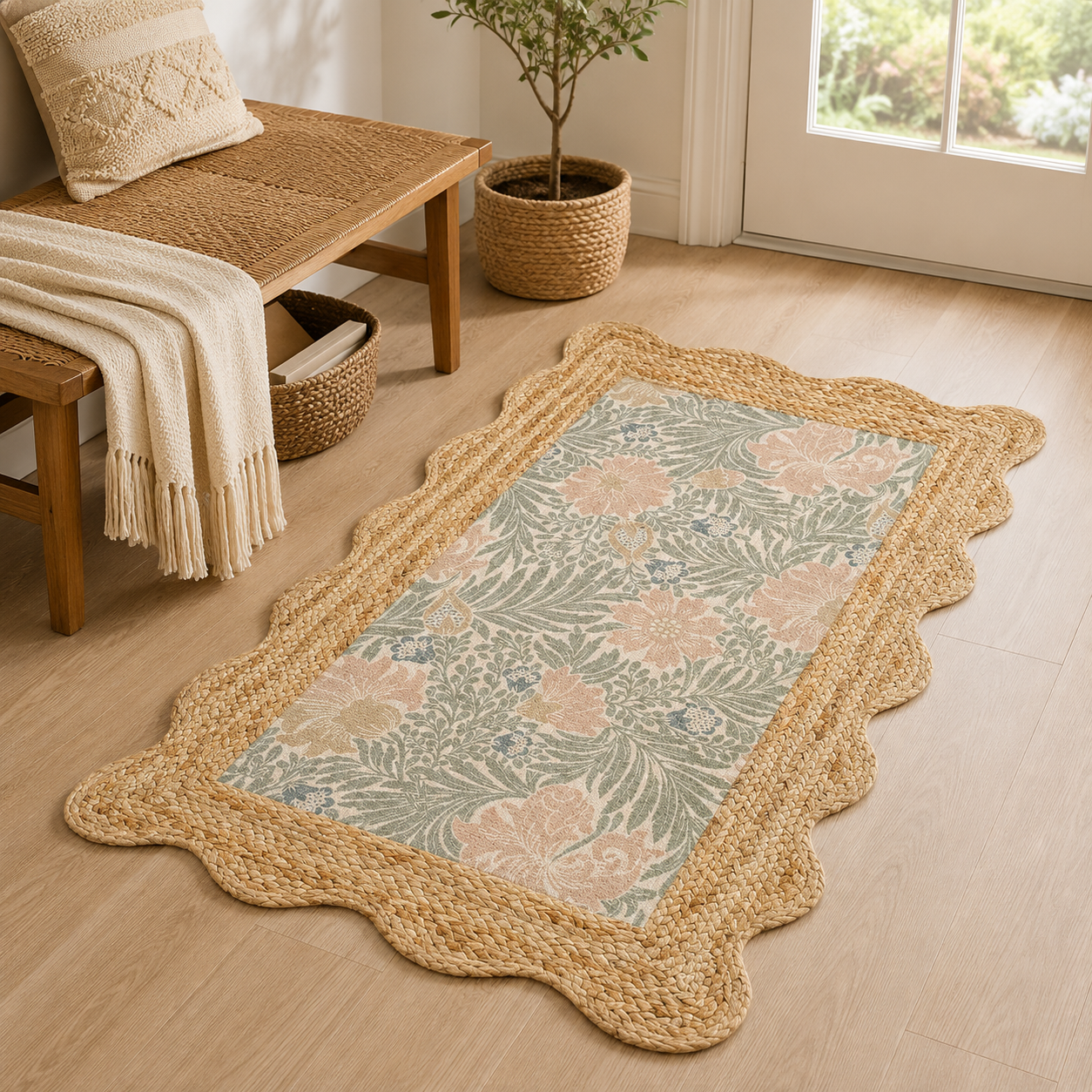 Botanical Print Braided Jute Rug 24x40 Inch – Decorative Indoor Accent Rug, Jute & PET Polyester
