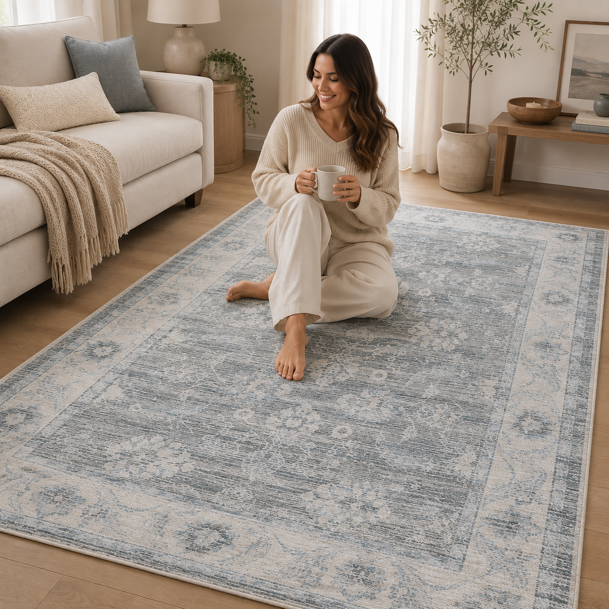 Machine Washable Area Rug 27x45 Inch, Vintage Floral Accent Rug for Living Room Bedroom
