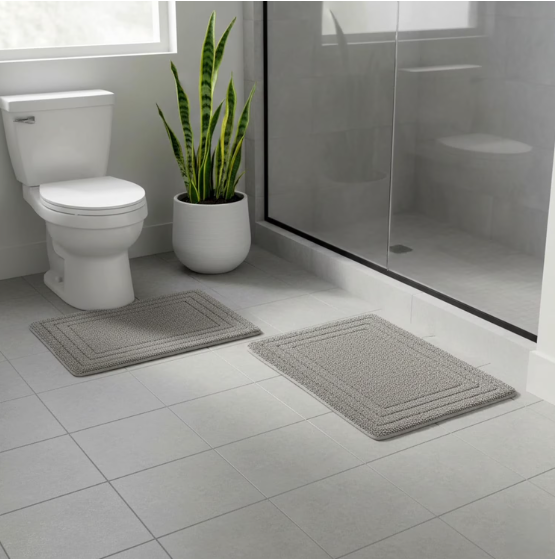 Cotton Bath Mat Set of 2 – Ultra Soft & Absorbent – Quick Dry Bathroom Mats, Grey