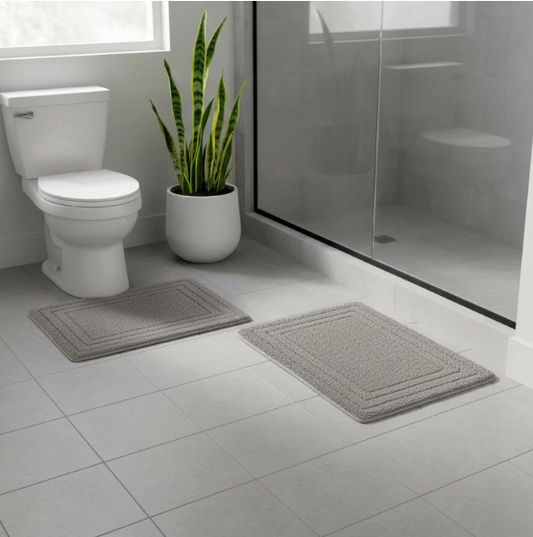 Cotton Bath Mat Set of 2 – Ultra Soft & Absorbent – Quick Dry Bathroom Mats, Grey
