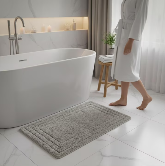 Cotton Bath Mat Set of 2 – Ultra Soft & Absorbent – Quick Dry Bathroom Mats, Grey