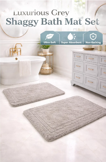 Cotton Bath Mat Set of 2 – Ultra Soft & Absorbent – Quick Dry Bathroom Mats, Grey