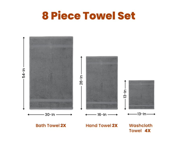 TRITEX 8 Piece Cotton Towel Set – Soft, Absorbent & Quick Dry Luxury Bathroom Towels, Grey (Copy)